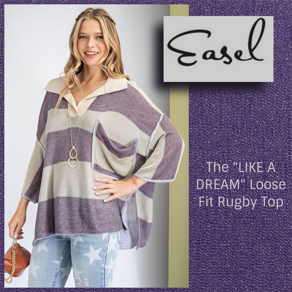 EASEL "Loose Fit Rugby Top High Low Hem & Long Side Slit XL Collar